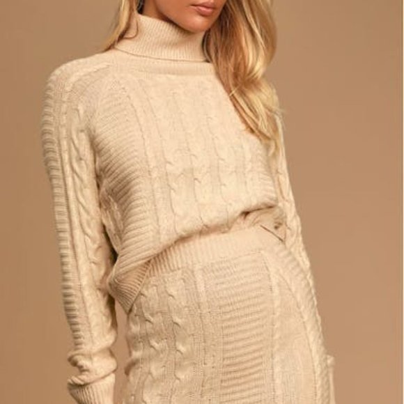 LULUS in the Cards Beige Cable Knit Two-Piece Sweater Dress, Size Medium - Picture 2 of 4